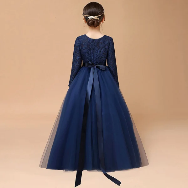 Muslim Navy Blue Lace Winter Flower Girl Dresses 2020 A-Line / Princess Scoop Neck Long Sleeve Sash Floor-Length / Long Ruffle