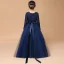 Muslim Navy Blue Lace Winter Flower Girl Dresses 2020 A-Line / Princess Scoop Neck Long Sleeve Sash Floor-Length / Long Ruffle