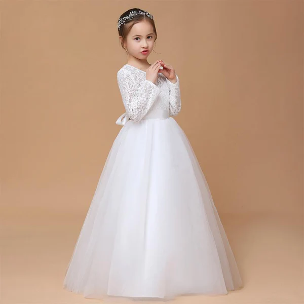 Muslim Navy Blue Lace Winter Flower Girl Dresses 2020 A-Line / Princess Scoop Neck Long Sleeve Sash Floor-Length / Long Ruffle