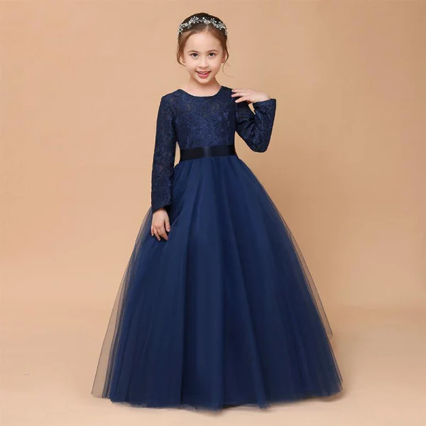 Muslim Navy Blue Lace Winter Flower Girl Dresses 2020 A-Line / Princess Scoop Neck Long Sleeve Sash Floor-Length / Long Ruffle