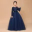 Muslim Navy Blue Lace Winter Flower Girl Dresses 2020 A-Line / Princess Scoop Neck Long Sleeve Sash Floor-Length / Long Ruffle