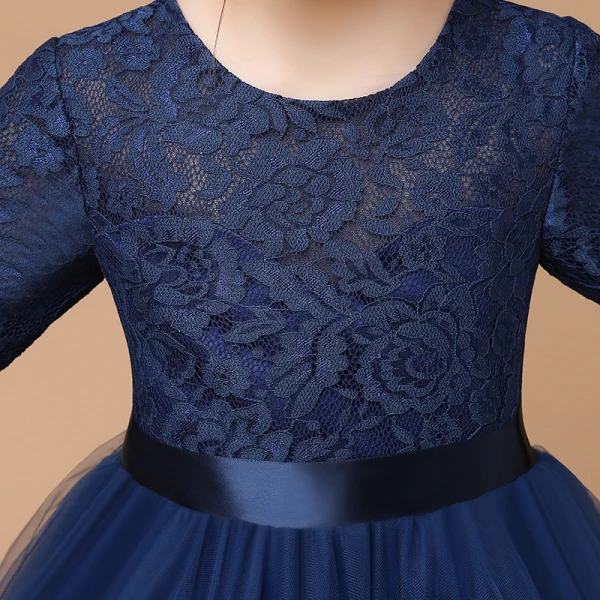 Muslim Navy Blue Lace Winter Flower Girl Dresses 2020 A-Line / Princess Scoop Neck Long Sleeve Sash Floor-Length / Long Ruffle