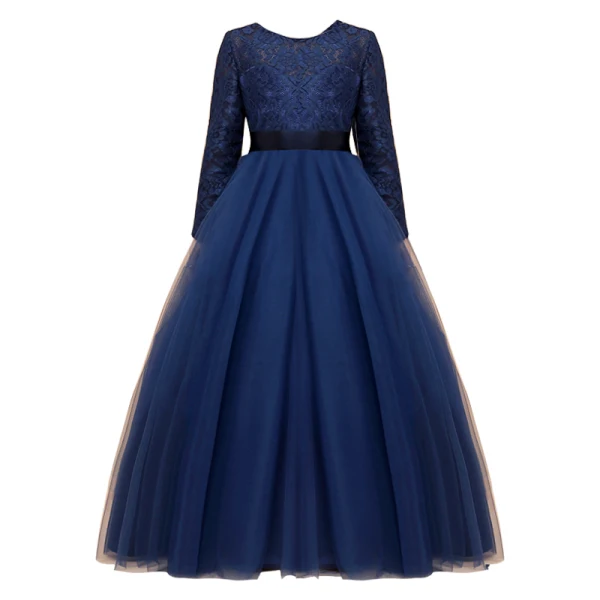 Muslim Navy Blue Lace Winter Flower Girl Dresses 2020 A-Line / Princess Scoop Neck Long Sleeve Sash Floor-Length / Long Ruffle
