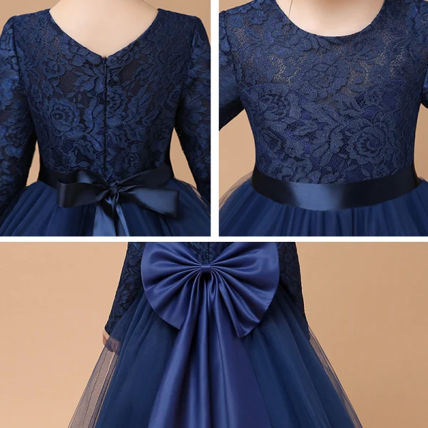 Muslim Navy Blue Lace Winter Flower Girl Dresses 2020 A-Line / Princess Scoop Neck Long Sleeve Sash Floor-Length / Long Ruffle