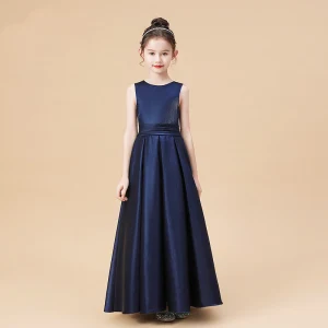 Modest Simple Navy Blue Satin Flower Girl Dresses 2020 A Line Princess Scoop Neck Sleeveless Bow Sash Floor Length Long Ruffle