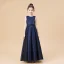 Simple Bleu Marine Satin Robe Ceremonie Fille 2020 Princesse Encolure Dégagée Sans Manches Noeud Ceinture Longue Volants