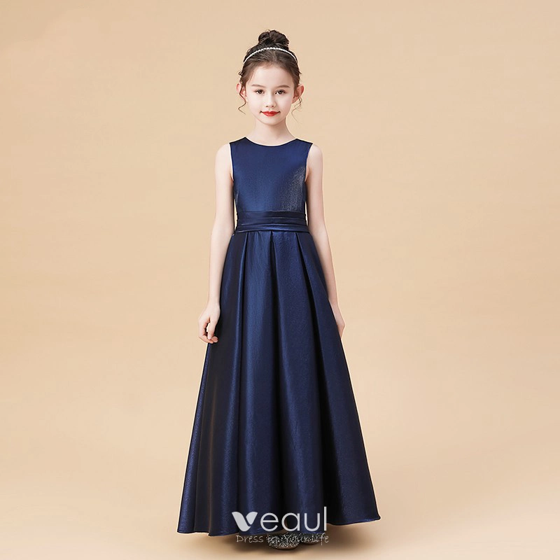 Modest / Simple Navy Blue Satin Flower Girl Dresses 2020 A-Line / Princess Scoop Neck Sleeveless Bow Sash Floor-Length / Long Ruffle