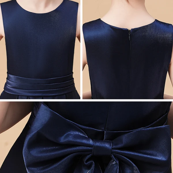 Simple Bleu Marine Satin Robe Ceremonie Fille 2020 Princesse Encolure Dégagée Sans Manches Noeud Ceinture Longue Volants
