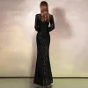 Sexy Black Sequins Evening Dresses  2020 Trumpet / Mermaid Deep V-Neck Puffy Long Sleeve Split Front Floor-Length / Long Formal Dresses