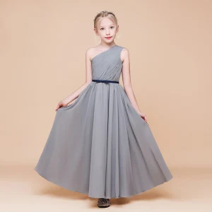 Modest Simple Grey Chiffon Birthday Flower Girl Dresses 2020 Sheath Fit One Shoulder Sleeveless Backless Bow Sash Floor Length Long Ruffle