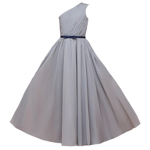 Schlicht Grau Chiffon Geburtstag Blumenmädchenkleider 2020 Etui One-Shoulder Ärmellos Rückenfreies Schleife Stoffgürtel Lange Rüschen