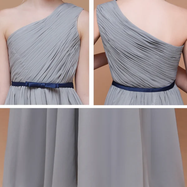 Schlicht Grau Chiffon Geburtstag Blumenmädchenkleider 2020 Etui One-Shoulder Ärmellos Rückenfreies Schleife Stoffgürtel Lange Rüschen