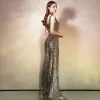 Sparkly Gold Sequins Jumpsuit 2020 Trumpet / Mermaid Deep V-Neck Sleeveless Floor-Length / Long Backless Evening Dresses