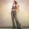 Sparkly Gold Sequins Jumpsuit 2020 Trumpet / Mermaid Deep V-Neck Sleeveless Floor-Length / Long Backless Evening Dresses