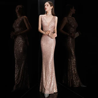 Scintillantes Or Rose Paillettes Robe De Soirée 2020 Trompette Sirène Col V Profond Sans Manches Longue Dos Nu Robe De Ceremonie