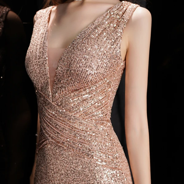 Scintillantes Or Rose Paillettes Robe De Soirée 2020 Trompette / Sirène Col v profond Sans Manches Longue Dos Nu Robe De Ceremonie
