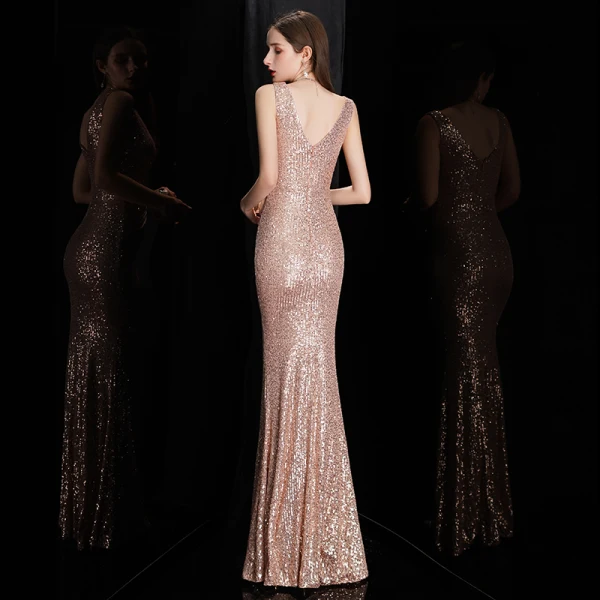 Scintillantes Or Rose Paillettes Robe De Soirée 2020 Trompette / Sirène Col v profond Sans Manches Longue Dos Nu Robe De Ceremonie