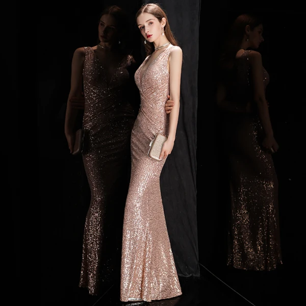 Scintillantes Or Rose Paillettes Robe De Soirée 2020 Trompette / Sirène Col v profond Sans Manches Longue Dos Nu Robe De Ceremonie