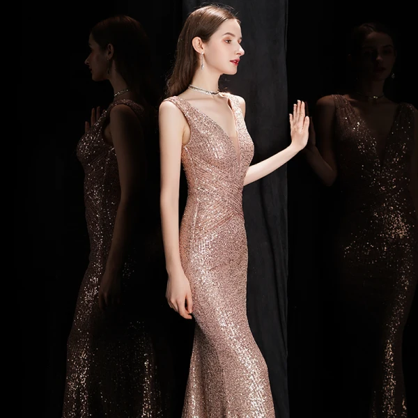 Scintillantes Or Rose Paillettes Robe De Soirée 2020 Trompette / Sirène Col v profond Sans Manches Longue Dos Nu Robe De Ceremonie