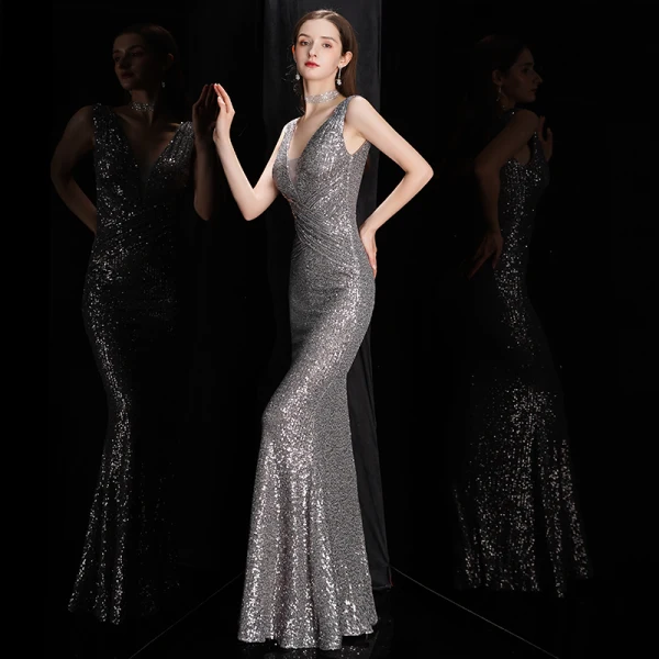Scintillantes Or Rose Paillettes Robe De Soirée 2020 Trompette / Sirène Col v profond Sans Manches Longue Dos Nu Robe De Ceremonie