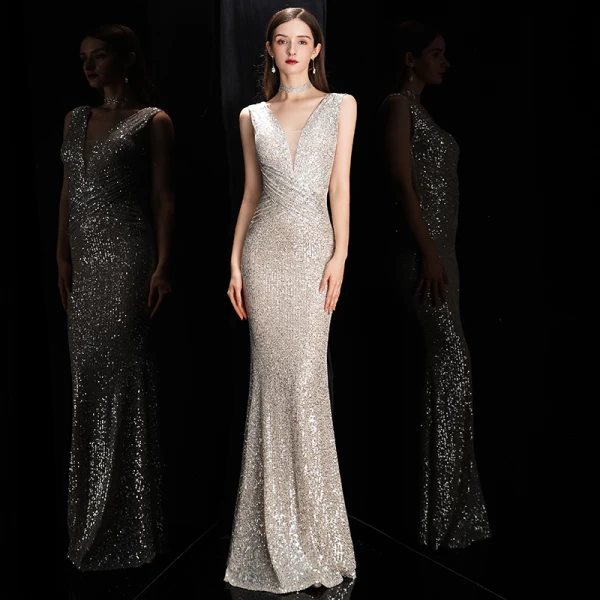 Scintillantes Or Rose Paillettes Robe De Soirée 2020 Trompette / Sirène Col v profond Sans Manches Longue Dos Nu Robe De Ceremonie