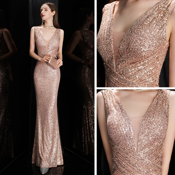 Scintillantes Or Rose Paillettes Robe De Soirée 2020 Trompette / Sirène Col v profond Sans Manches Longue Dos Nu Robe De Ceremonie