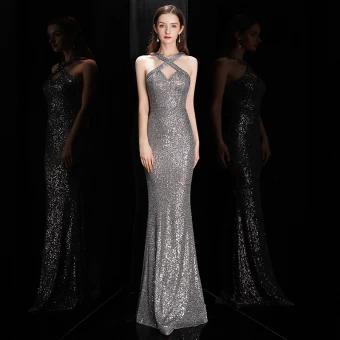 Fashion Grey Sequins Evening Dresses 2020 Trumpet Mermaid Halter Sleeveless Floor Length Long Backless Formal Dresses