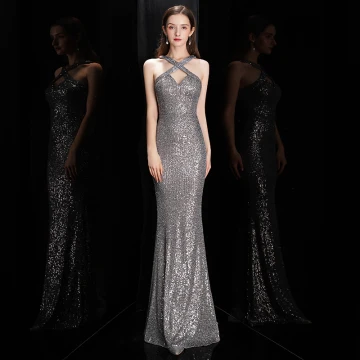 Mode Gris Paillettes Robe De Soirée 2020 Trompette Sirène Titulaire Sans Manches Longue Dos Nu Robe De Ceremonie