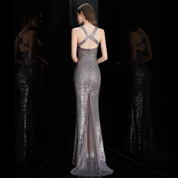 Fashion Grey Sequins Evening Dresses  2020 Trumpet / Mermaid Halter Sleeveless Floor-Length / Long Backless Formal Dresses
