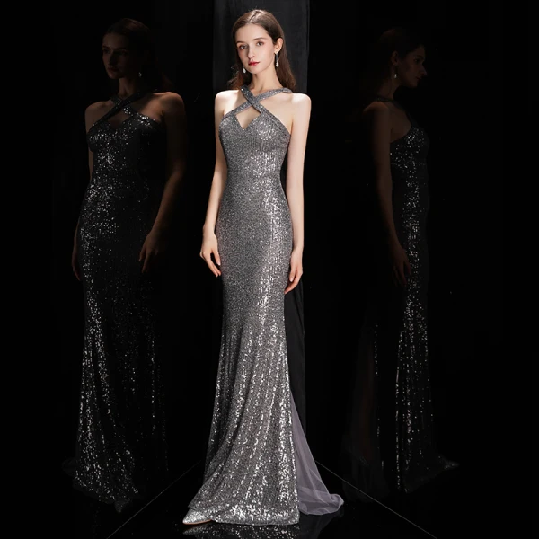 Fashion Grey Sequins Evening Dresses  2020 Trumpet / Mermaid Halter Sleeveless Floor-Length / Long Backless Formal Dresses