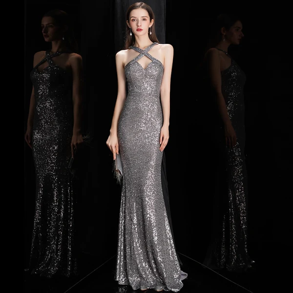 Fashion Grey Sequins Evening Dresses  2020 Trumpet / Mermaid Halter Sleeveless Floor-Length / Long Backless Formal Dresses