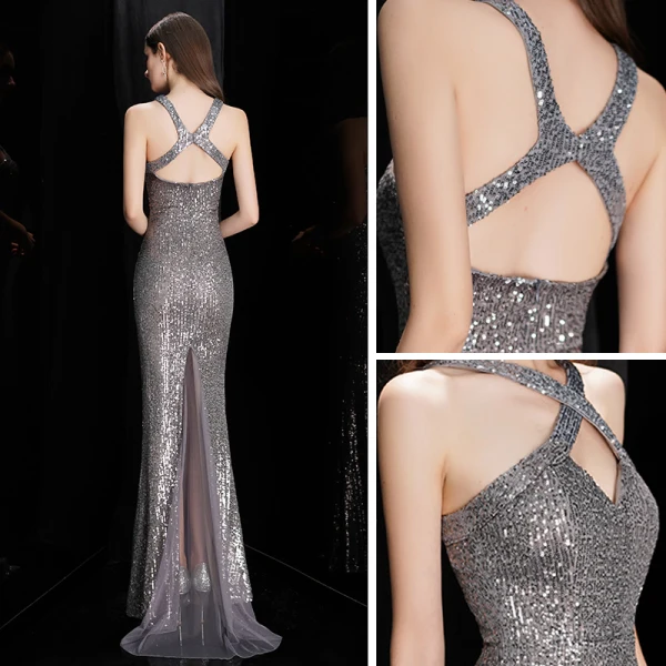 Fashion Grey Sequins Evening Dresses  2020 Trumpet / Mermaid Halter Sleeveless Floor-Length / Long Backless Formal Dresses