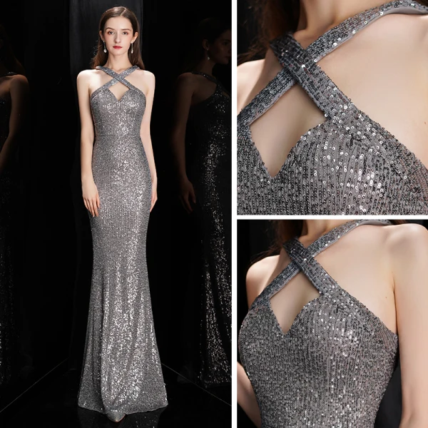 Fashion Grey Sequins Evening Dresses  2020 Trumpet / Mermaid Halter Sleeveless Floor-Length / Long Backless Formal Dresses