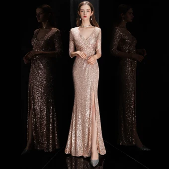 Sexy Rose Gold Sequins Evening Dresses 2020 Trumpet Mermaid Deep V Neck 3 4 Sleeve Split Front Floor Length Long Formal Dresses