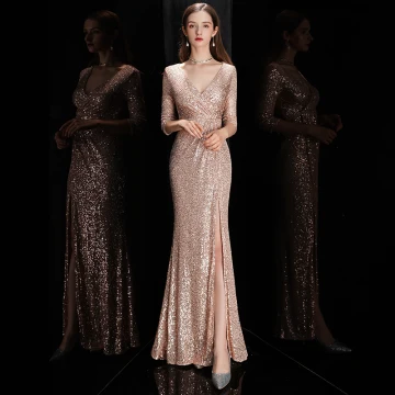Sexy Rose Gold Sequins Evening Dresses 2020 Trumpet Mermaid Deep V Neck 3 4 Sleeve Split Front Floor Length Long Formal Dresses