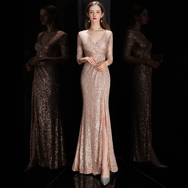 Sexy Rose Gold Sequins Evening Dresses  2020 Trumpet / Mermaid Deep V-Neck 3/4 Sleeve Split Front Floor-Length / Long Formal Dresses