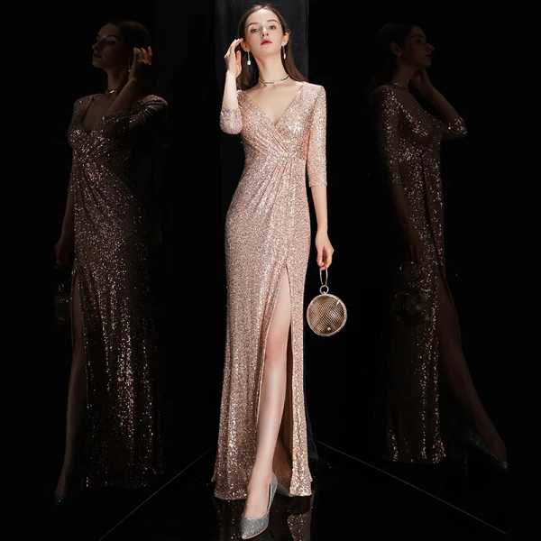 Sexy Rose Gold Pailletten Abendkleider 2020 Meerjungfrau Tiefer V-Ausschnitt 3/4 Ärmel Gespaltete Front Lange Festliche Kleider