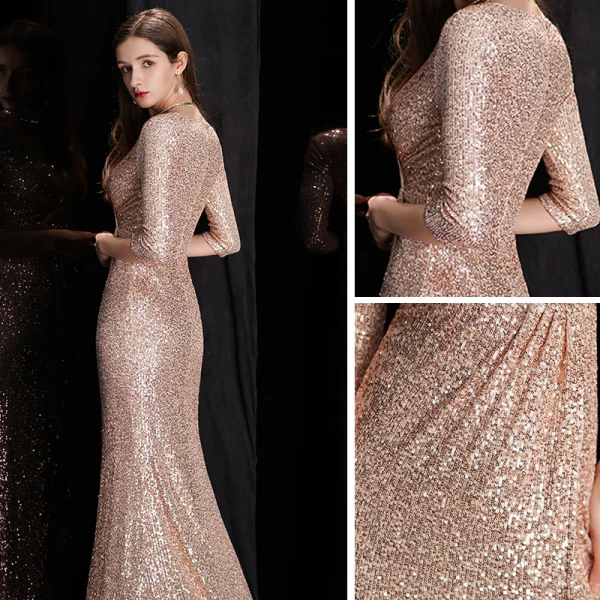 Sexy Rose Gold Pailletten Abendkleider 2020 Meerjungfrau Tiefer V-Ausschnitt 3/4 Ärmel Gespaltete Front Lange Festliche Kleider