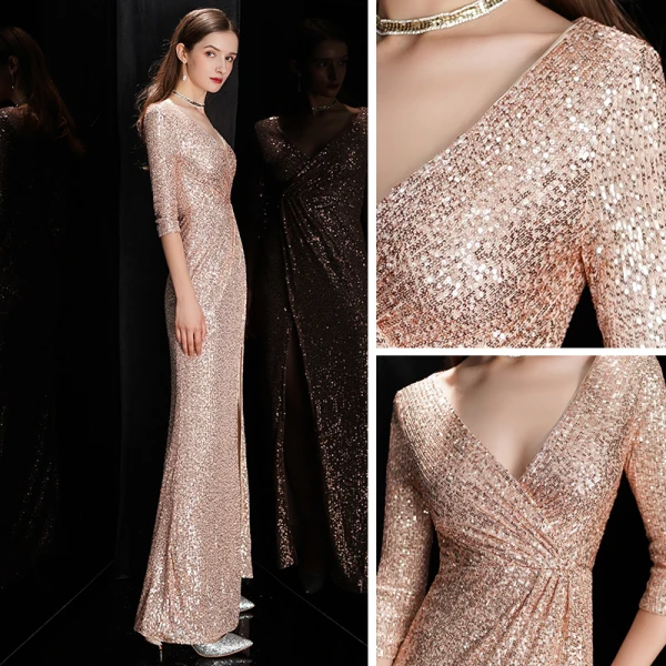 Sexy Rose Gold Pailletten Abendkleider 2020 Meerjungfrau Tiefer V-Ausschnitt 3/4 Ärmel Gespaltete Front Lange Festliche Kleider