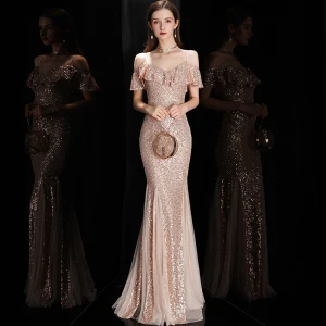 Sparkly Rose Gold Sequins Evening Dresses 2020 Trumpet Mermaid Spaghetti Straps Short Sleeve Floor Length Long Ruffle Backless Formal Dresses