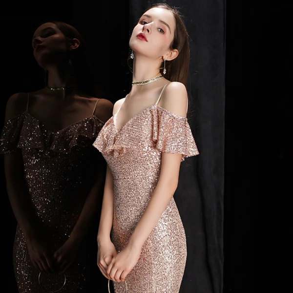 Scintillantes Or Rose Paillettes Robe De Soirée 2020 Trompette / Sirène Bretelles Spaghetti Manches Courtes Longue Volants Dos Nu Robe De Ceremonie