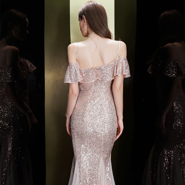 Scintillantes Or Rose Paillettes Robe De Soirée 2020 Trompette / Sirène Bretelles Spaghetti Manches Courtes Longue Volants Dos Nu Robe De Ceremonie