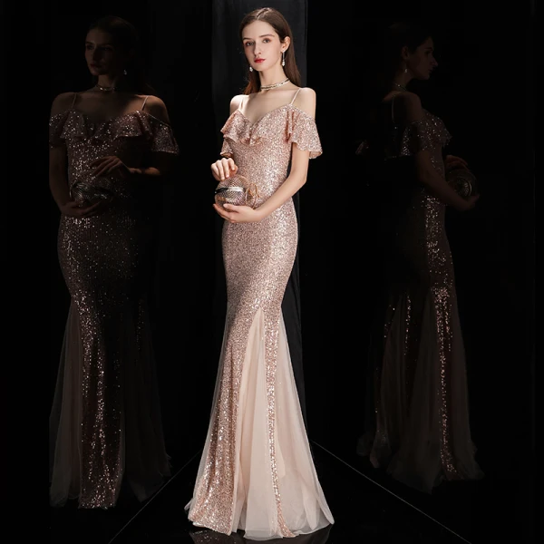 Scintillantes Or Rose Paillettes Robe De Soirée 2020 Trompette / Sirène Bretelles Spaghetti Manches Courtes Longue Volants Dos Nu Robe De Ceremonie