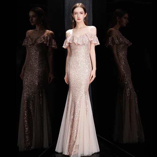 Scintillantes Or Rose Paillettes Robe De Soirée 2020 Trompette / Sirène Bretelles Spaghetti Manches Courtes Longue Volants Dos Nu Robe De Ceremonie
