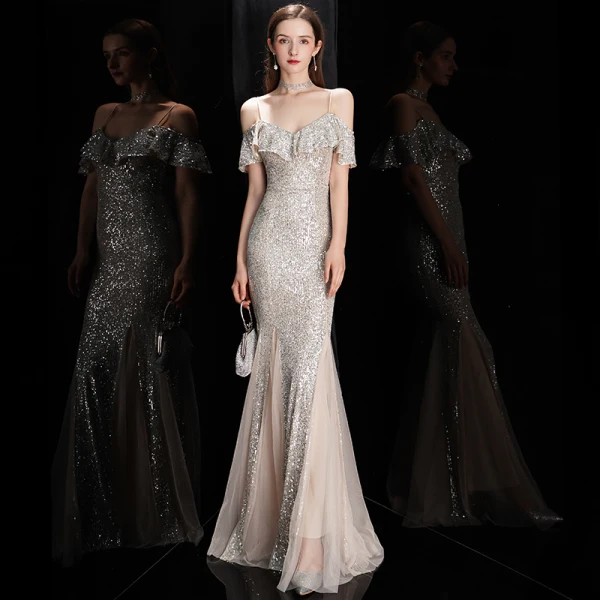 Scintillantes Or Rose Paillettes Robe De Soirée 2020 Trompette / Sirène Bretelles Spaghetti Manches Courtes Longue Volants Dos Nu Robe De Ceremonie