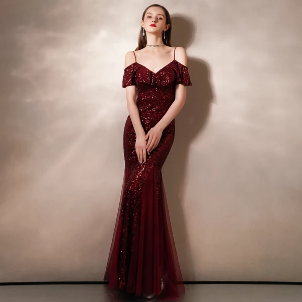 Scintillantes Or Rose Paillettes Robe De Soirée 2020 Trompette / Sirène Bretelles Spaghetti Manches Courtes Longue Volants Dos Nu Robe De Ceremonie