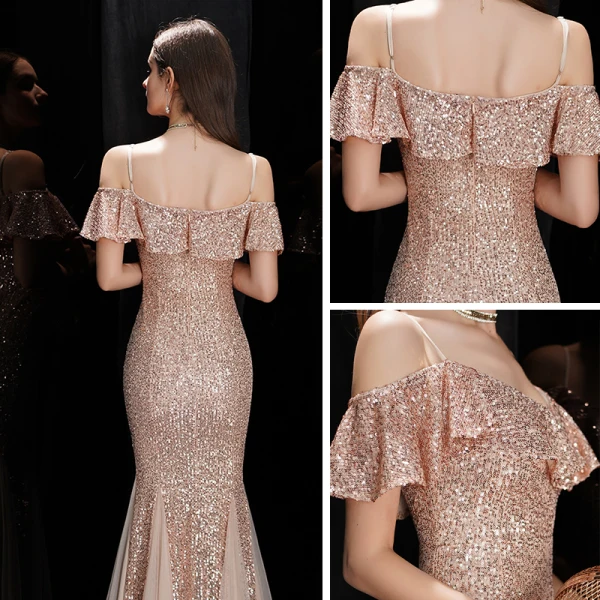 Scintillantes Or Rose Paillettes Robe De Soirée 2020 Trompette / Sirène Bretelles Spaghetti Manches Courtes Longue Volants Dos Nu Robe De Ceremonie