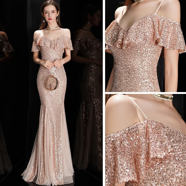 Scintillantes Or Rose Paillettes Robe De Soirée 2020 Trompette / Sirène Bretelles Spaghetti Manches Courtes Longue Volants Dos Nu Robe De Ceremonie