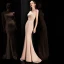 Élégant Beige Robe De Soirée 2020 Trompette / Sirène Transparentes Col v profond Sans Manches Appliques En Dentelle Train De Balayage Volants Robe De Ceremonie