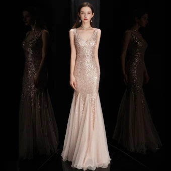 Chic Beautiful Rose Gold Sequins Evening Dresses 2020 Trumpet Mermaid Shoulders Sleeveless Floor Length Long Ruffle Backless Formal Dresses